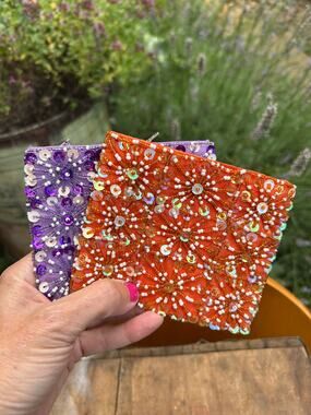 Orange Purple Sparkly beaded Coin Purse Wallets Bundle Set of 2 Accessory Bags